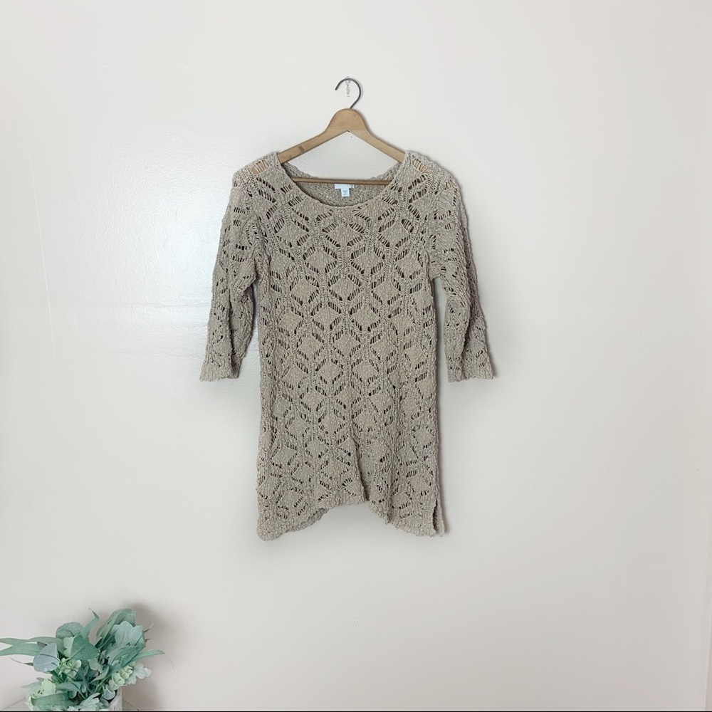 [J. Jill] Tan Open Knit 3/4 Sleeve Tunic Length Boho Sweater